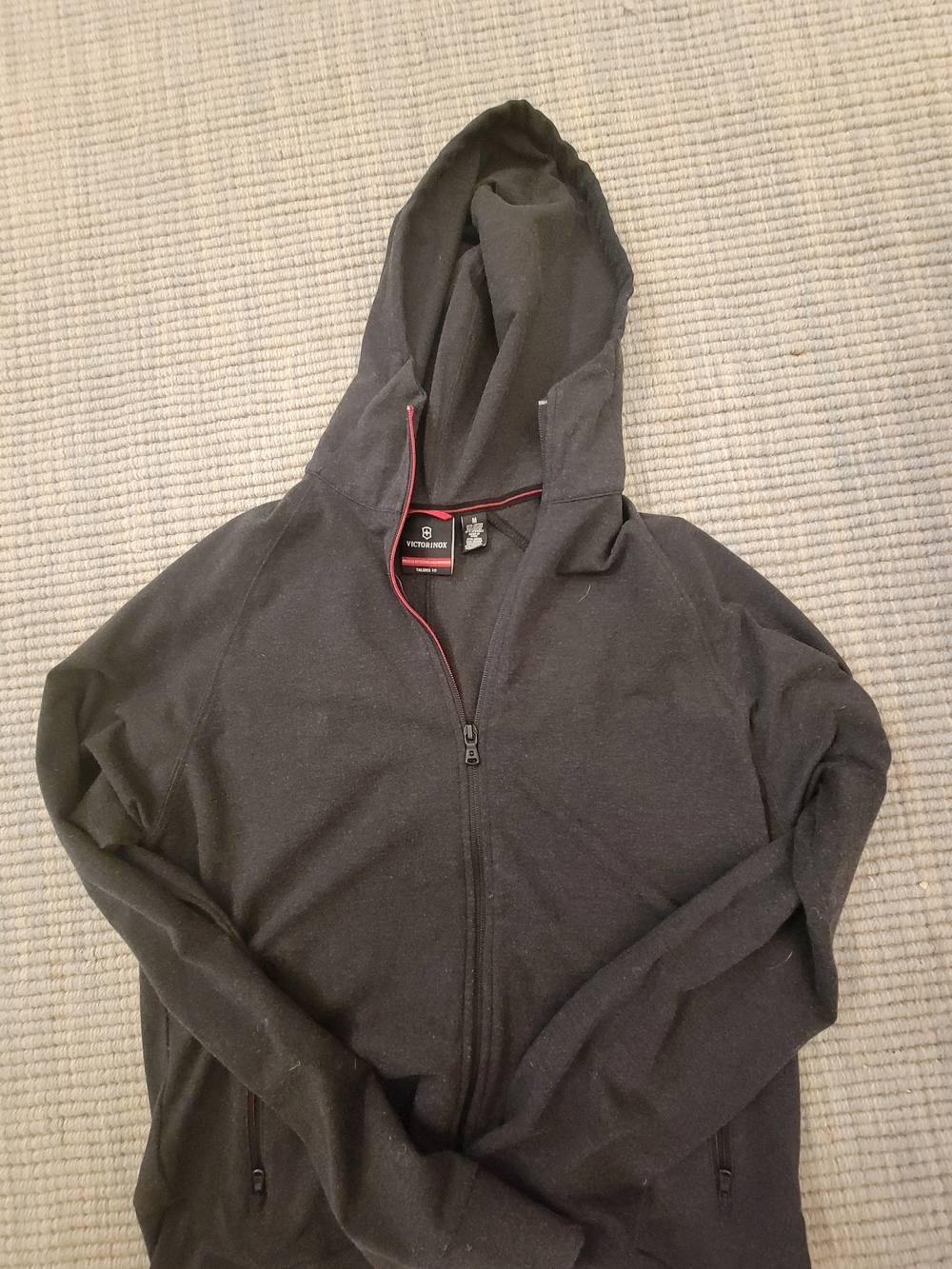 Victorinox Black Zip-Up Hooded Sweater with Subtle Red Trim, M